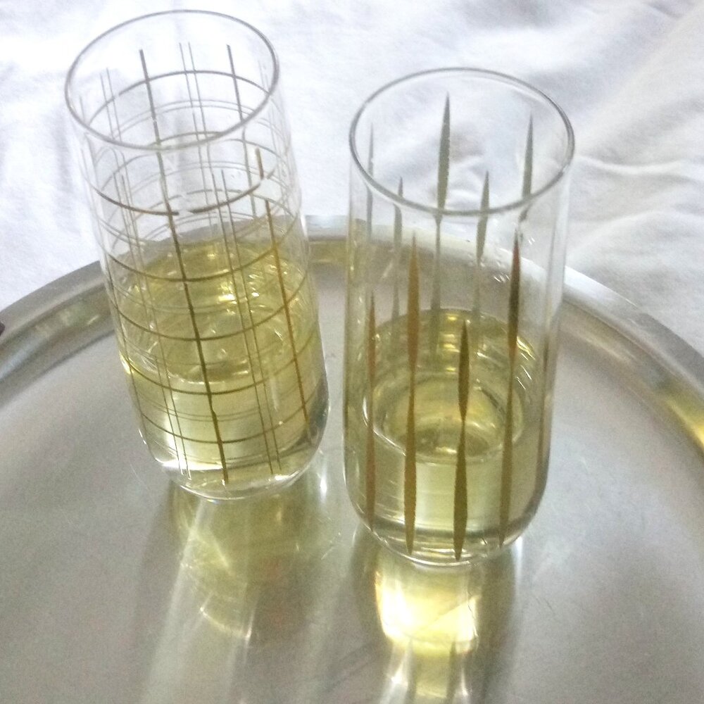 MCM-Style Stemless Champagne Flutes with Gold Details